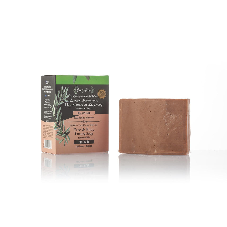 Edible-Pure Cretan Olive oil Face & Body Soap Pink Clay Sensitive skin 120-140g / 4.23 - 4.93oz