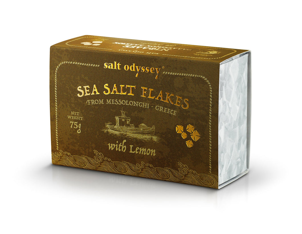 Sea Salt Flakes Box Lemon Luxurious Pyramid-Shaped - Salt 100% Natural. 75g / 2.64oz