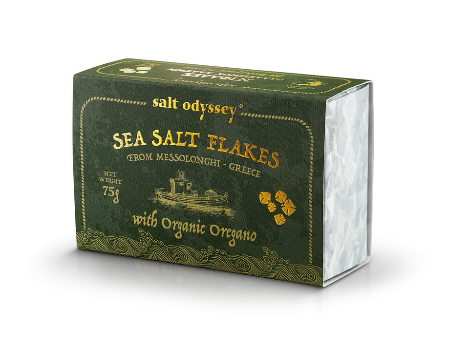 Sea Salt Flakes Box Oregano Certified Organic Luxurious Pyramid-Shaped - Salt 100% Natural. 75g / 2.64oz