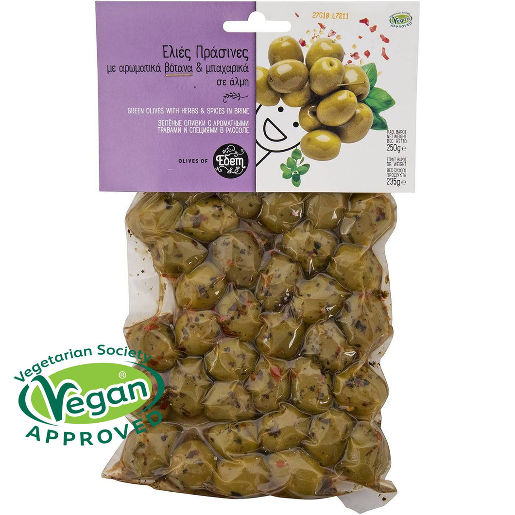 Green Natural olives with aromatic herbs and spices in brine 100% vegan ingredients 250g / 8.81oz