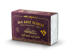 Sea Salt Flakes Box Basil & Garlic Luxurious Pyramid-Shaped - Salt 100% Natural. 75g / 2.64oz