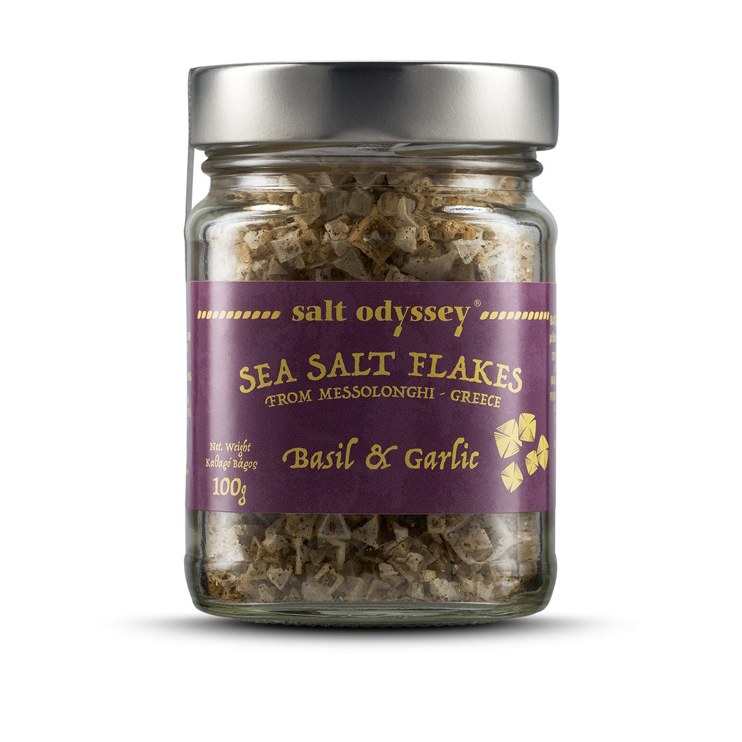 Sea Salt Flakes Jar Basil & Garlic Luxurious Pyramid-Shaped - Salt 100% Natural. 100g / 3.53oz