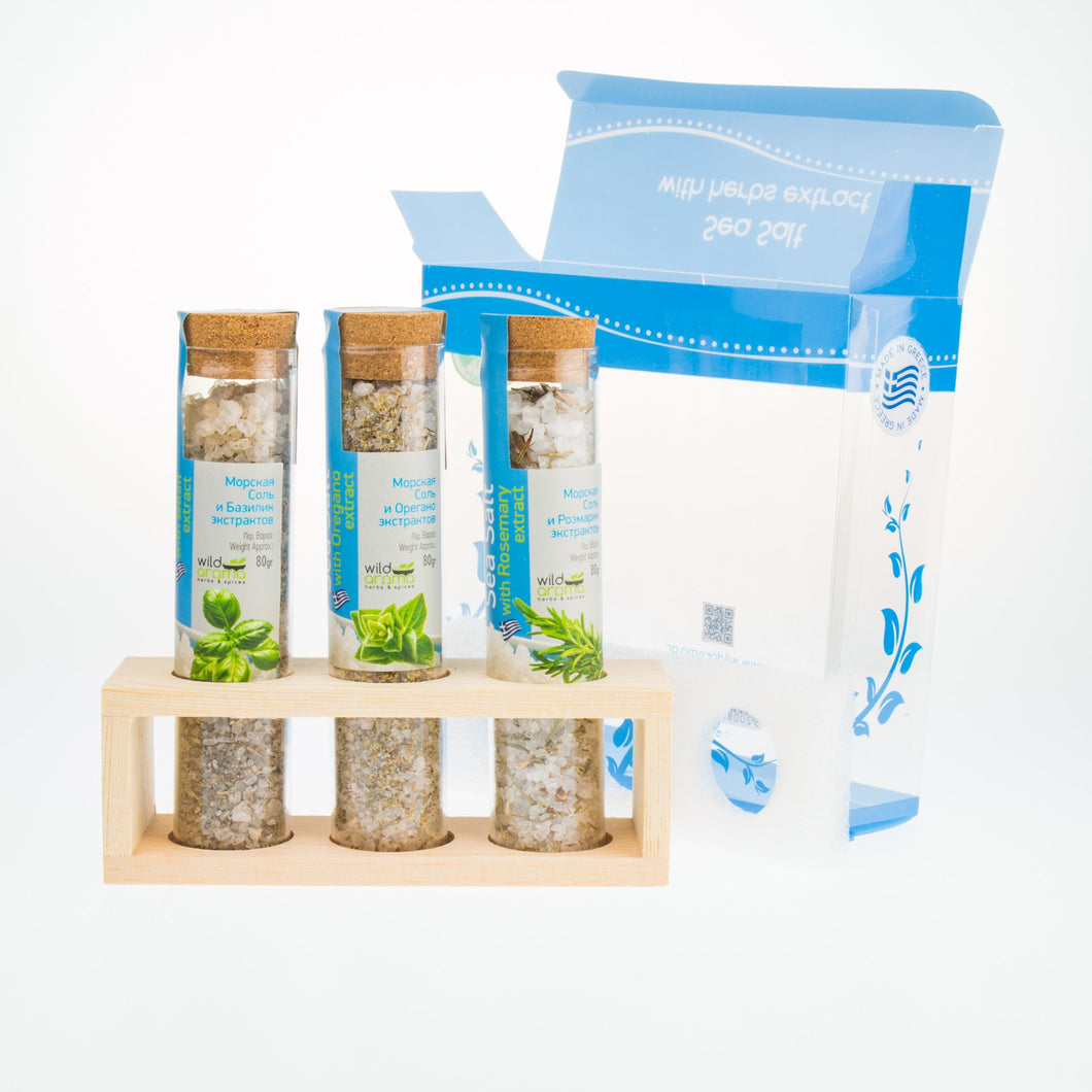 Sea salt mixed with herbs. Set of 3 glass tubes on wooden base. Creative gift for kitchen. 